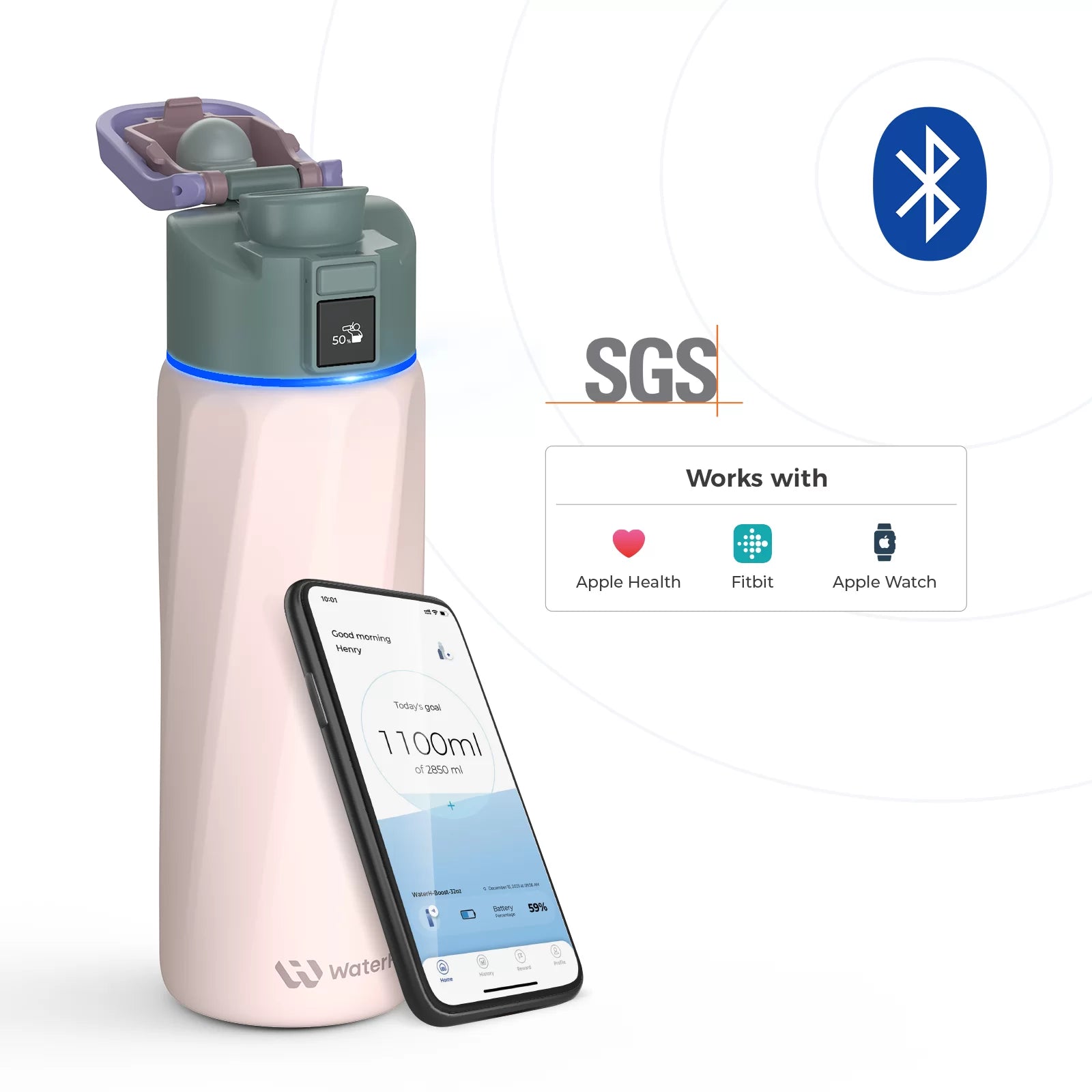 Smart water bottle with a tracking app display